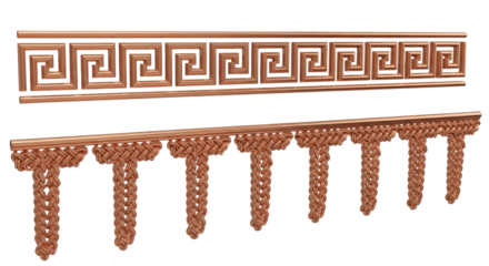 Intricate polished copper greek key and braided decorative borders, floating isolated against a transparent background with specular highlights. Concept of luxurious metallic graphic elements