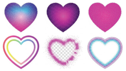 A set of six glittering hearts in shades of purple, pink, and blue, including solid shapes and frames on a white background.