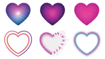 A set of six glittering hearts in shades of purple, pink, and blue, including solid shapes and frames on a white background.