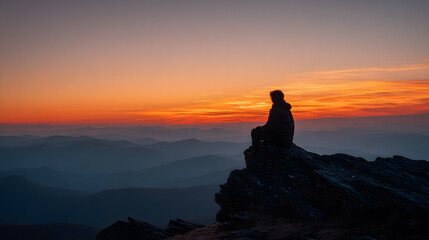 Ultra HD Silhouette of a lone person sitting on a rugged mountain peak, gazing at the breathtaking, vibrant sunset over a vast, layered mountain range image