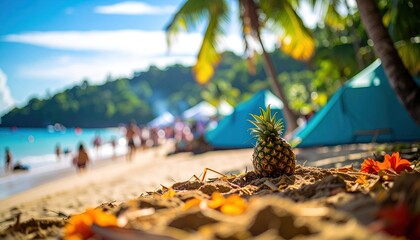 Fototapeta premium pineapple on tropical beach with palm trees