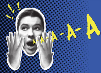 Woman screaming in fear, horror halftone grunge vector cut out design elements