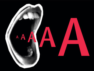 Screaming mouth in grunge punk y2k collage design, with a halftone stipple effect.