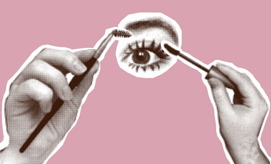 Modern Retro Halftone Beauty Makeup Cut out Sticker Elements Set on Trendy Pink Background