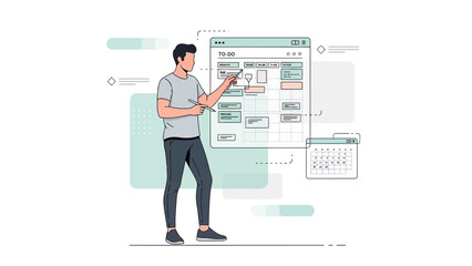 Man planning tasks on digital to-do list and calendar, project management concept
