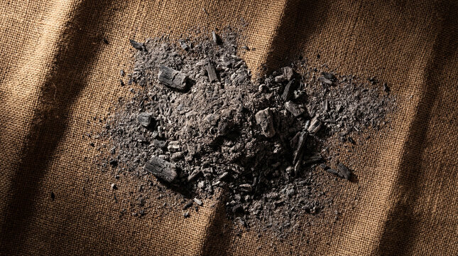 Pile of dark ashes and charcoal pieces on rough brown sackcloth fabric. Biblical symbol of repentance, fasting and humility. Top view of religious concept for Ash Wednesday and Lent season.