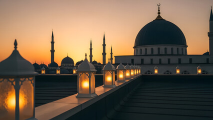 A serene sunset view over a mosque, with lanterns creating a warm ambiance and the minarets silhouetted against the sky