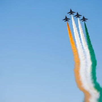 Five indian air force hawk mk132 advanced jet trainers performing a flypast with saffron, white, and green smoke trails against a clear blue sky during an air show or national event