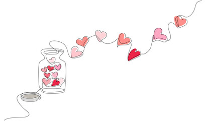 Continuous one line drawing of hearts floating out of an open glass jar. Concept of spreading love, freedom, and romance. Minimalist vector art. Editble stroke