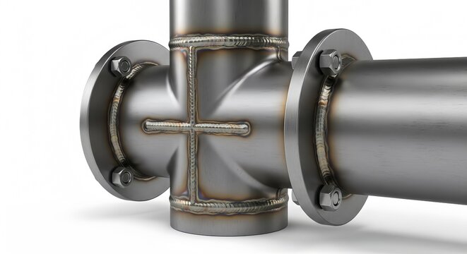 Detailed 3D render of an industrial stainless steel pipe joint with welded connections and flange fittings, isolated on a white background