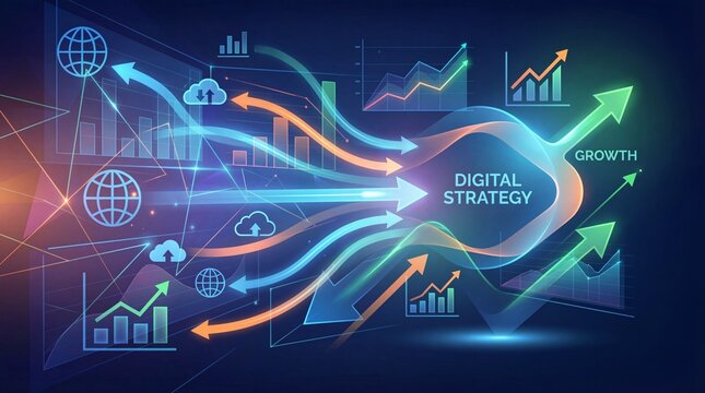 Digital strategy data analytics business growth technology chart graph futuristic innovation finance success marketing progress drive business success - Powered by Adobe
