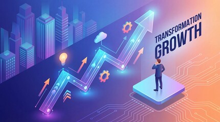 Transformation growth data driven analytics business strategy digital technology futuristic city upward arrow innovation success professional glowing modern progress concept
