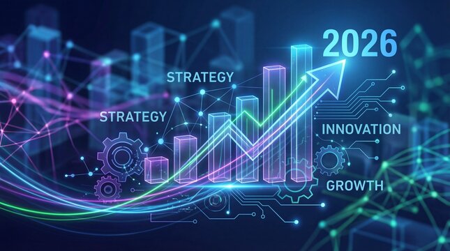 Strategy, innovation, growth, and analytics drive business success in 2026, with futuristic digital graphs, glowing lines, and technology icons creating optimistic atmosphere - Powered by Adobe