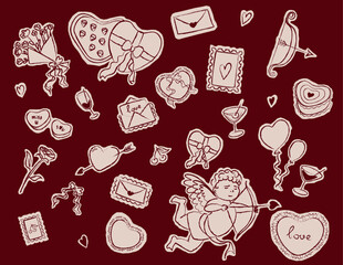 Hand drawn Cartoon stickers for St. Valentine's Day on February 14 in retro 90s style. Romantic elements, love envelope, hearts,love, gifts