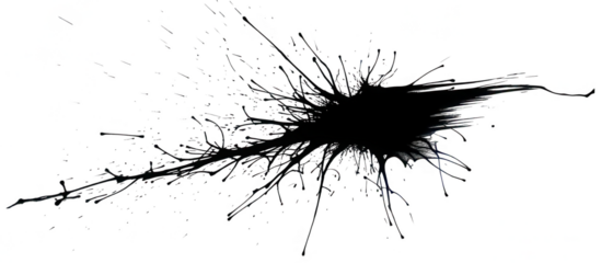 Explosive black ink splatter spreading aggressively across a wide horizontal surface with thin long streaking trails