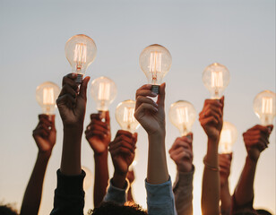 People holding light bulbs outdoors during sunset in a group event celebrating creativity and innovation