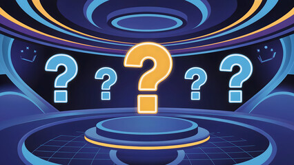Questions marks in a futuristic stage lighting setup with blue and orange accents, symbolizing mystery and quiz shows.