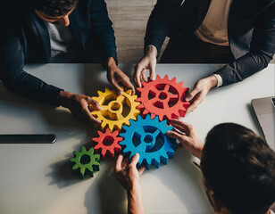 Collaboration among team members using colorful gears to develop ideas in a workspace