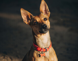 Dog sitting in sunlight at a park with a collar and a tag on a warm afternoon