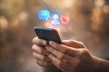 Person Using Smartphone with Glowing Social Media Icons Representing Communication and Digital Connection