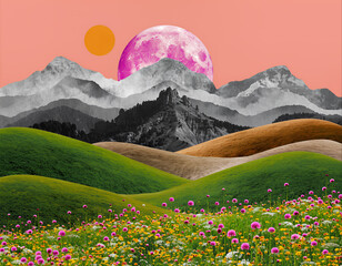 Surreal landscape with colorful clouds and a large moon over mountains during sunset