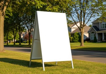 Blank White Real Estate Sign in Residential Neighborhood Grass