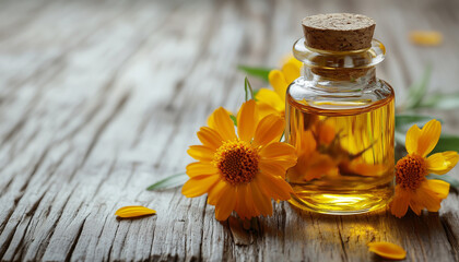Arnica oil in glass bottle with fresh yellow arnica flowers. Arnica is often used in cosmetic products for skin