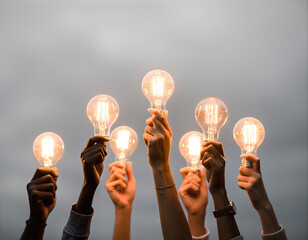 Hands hold light bulbs against a grey sky during an outdoor event in the evening