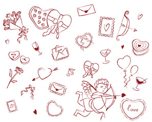 Valentines Day stickers set. Valentine's day collection of hand drawn doodles. Illustration february Romance Valentine's Day.