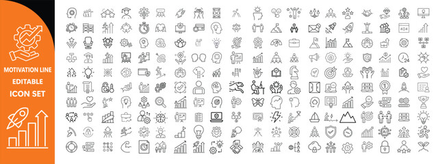 Motivation line editable icon set. Containing personal growth, goal setting, perseverance, achievement, teamwork, passion, thumbs up, and more. Vector illustration. 