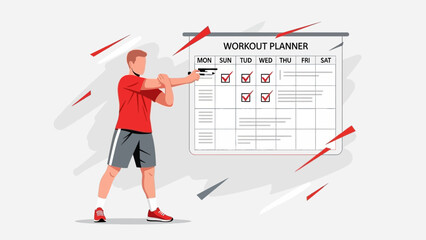 Man planning workout schedule on calendar board with checkmarks, fitness routine concept