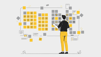 Man planning with sticky notes on a wall, business strategy, project management concept