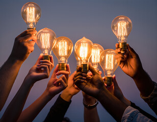 Many people holding light bulbs in the evening sky at a gathering for connection and shared ideas