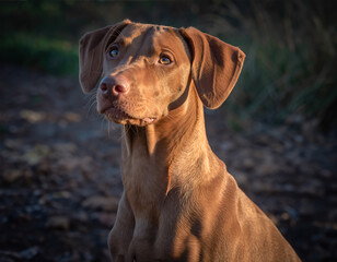 Close view of a brown dog sitting quietly in the sunlight among grass and leaves during the evening hours near a batch of fireflies