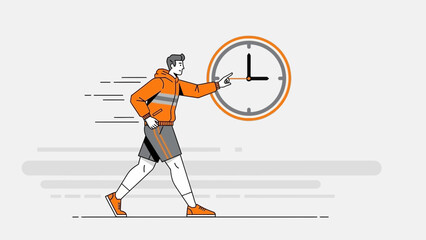 Man running towards clock, concept of time management, fitness, speed, and punctuality