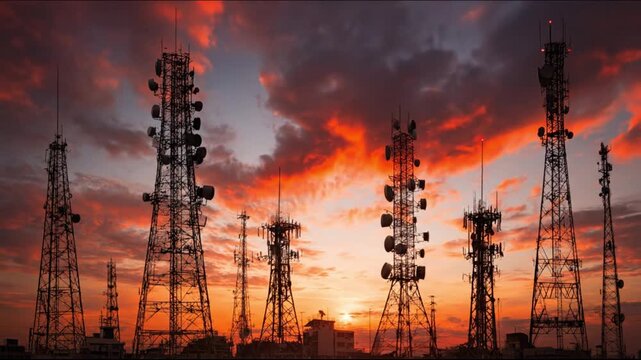 A panoramic view of multiple tall communication towers standing against a vibrant orange and blue sunset sky with scattered clouds