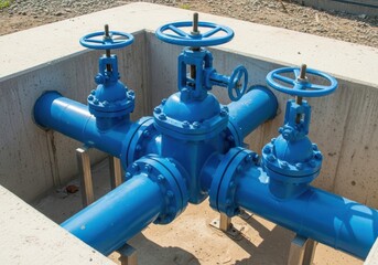 Blue Industrial Valve Assembly with Flanged Pipe Connections