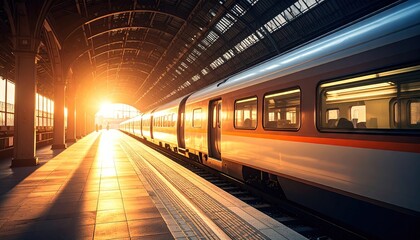 Train in the train station for railroad and railway travel and transport concept