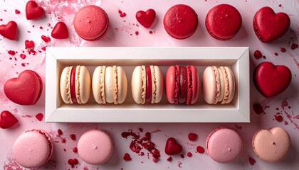Macarons in Valentine colors, pink, red, cream palette, flat lay, elegant dessert styling