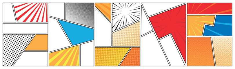 Cartoon comic background compositions set. Comics book black and white poster with halftone elements lines. Retro Pop Art style. Vector illustration