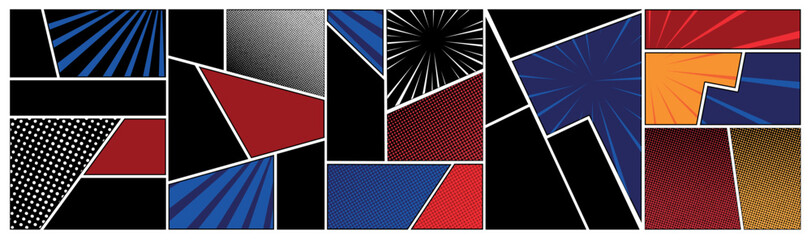 Cartoon comic background compositions set. Comics book black and white poster with halftone elements lines. Retro Pop Art style. Vector illustration