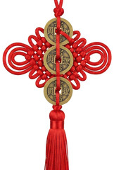 Obraz premium Traditional red chinese knot decoration with three antique bronze coins and tassel symbolizing wealth and good luck vertical orientation
