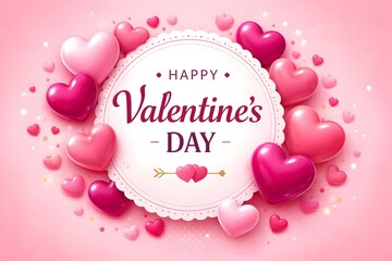 Romantic love greeting template with glossy hearts confetti and copy space