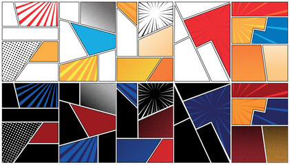 Cartoon comic background compositions set. Comics book black and white poster with halftone elements lines. Retro Pop Art style. Vector illustration