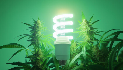 Bright light bulb composed of eco green leaves. Eco power, tech. Promotes innovation with nature, eco solution, save energy
