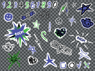 Rock and roll y2k punk Neon colored crayon drawn doodle vector set. Perfect for t-shirts, posters, stickers, album covers, and retro designs. For scrapbook, collage and zine design