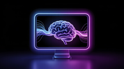 A glowing computer monitor displays a vibrant detailed human brain emitting waves of purple and blue light a striking visual