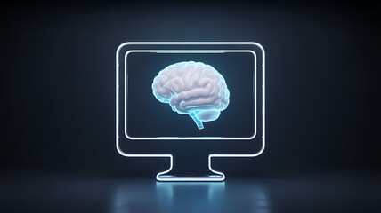 A glowing computer monitor displays a detailed translucent human brain representing artificial intelligence and neurological technology high quality