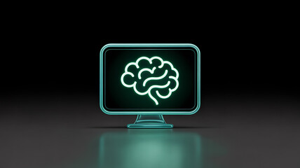 A glowing teal retro monitor screen displays a bright white illustration of a human brain reflecting on a glossy surface