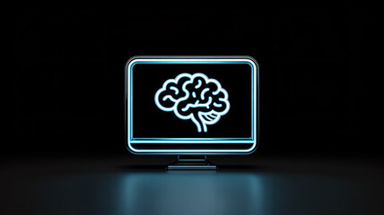 A glowing neon blue computer monitor displays a detailed brain illustration representing artificial intelligence and cognitive computing concepts